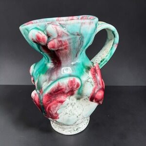 Vintage‎ 1960s Italian Pottery Small Drip Glaze Pitcher Teal Burgundy Jug Vase